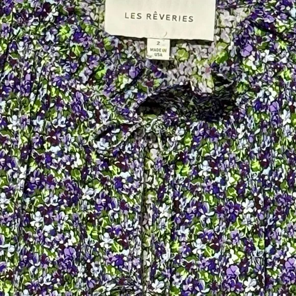 Les Reveries Ruffle Picnic Mini Floral 100% Silk Dress in Ditsy Purple Pansies - Picture 11 of 12